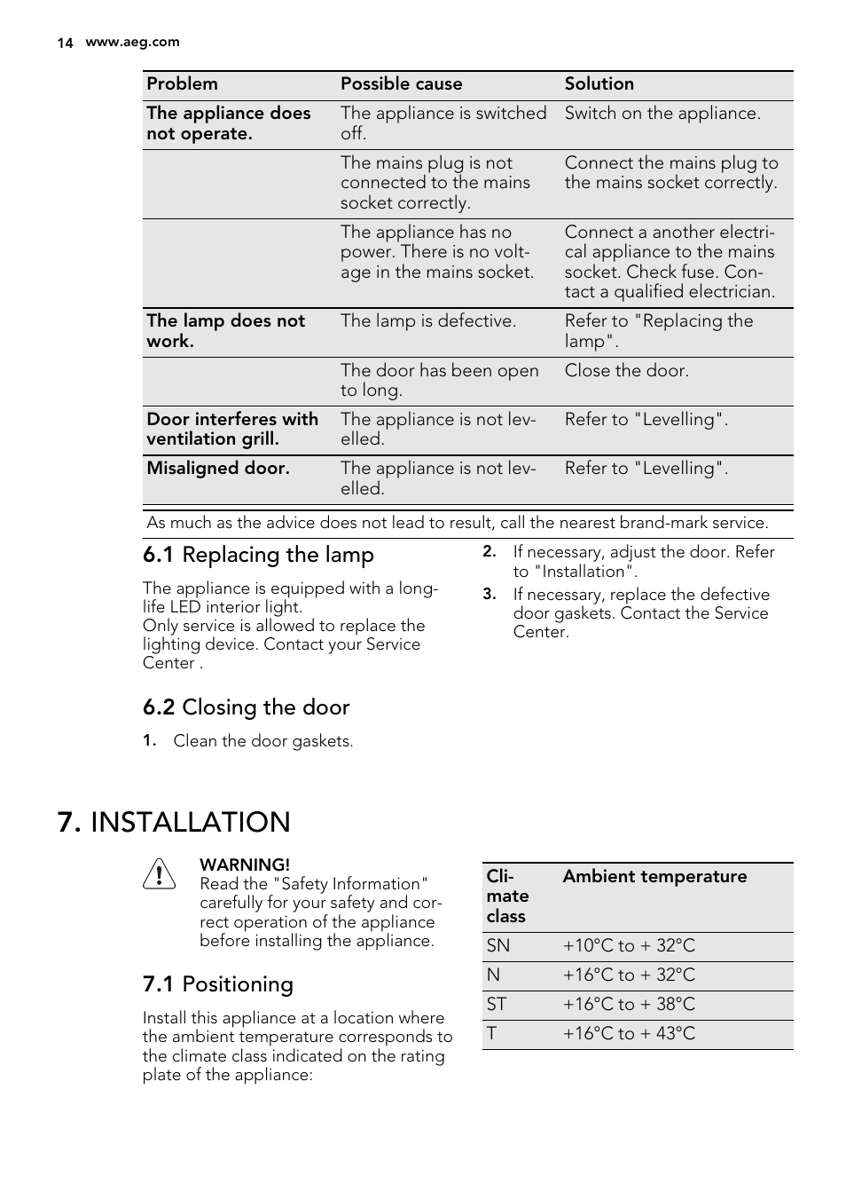 Installation, 1 replacing the lamp, 2 closing the door | 1 positioning | AEG S74010KDX0 User Manual | Page 14 / 64