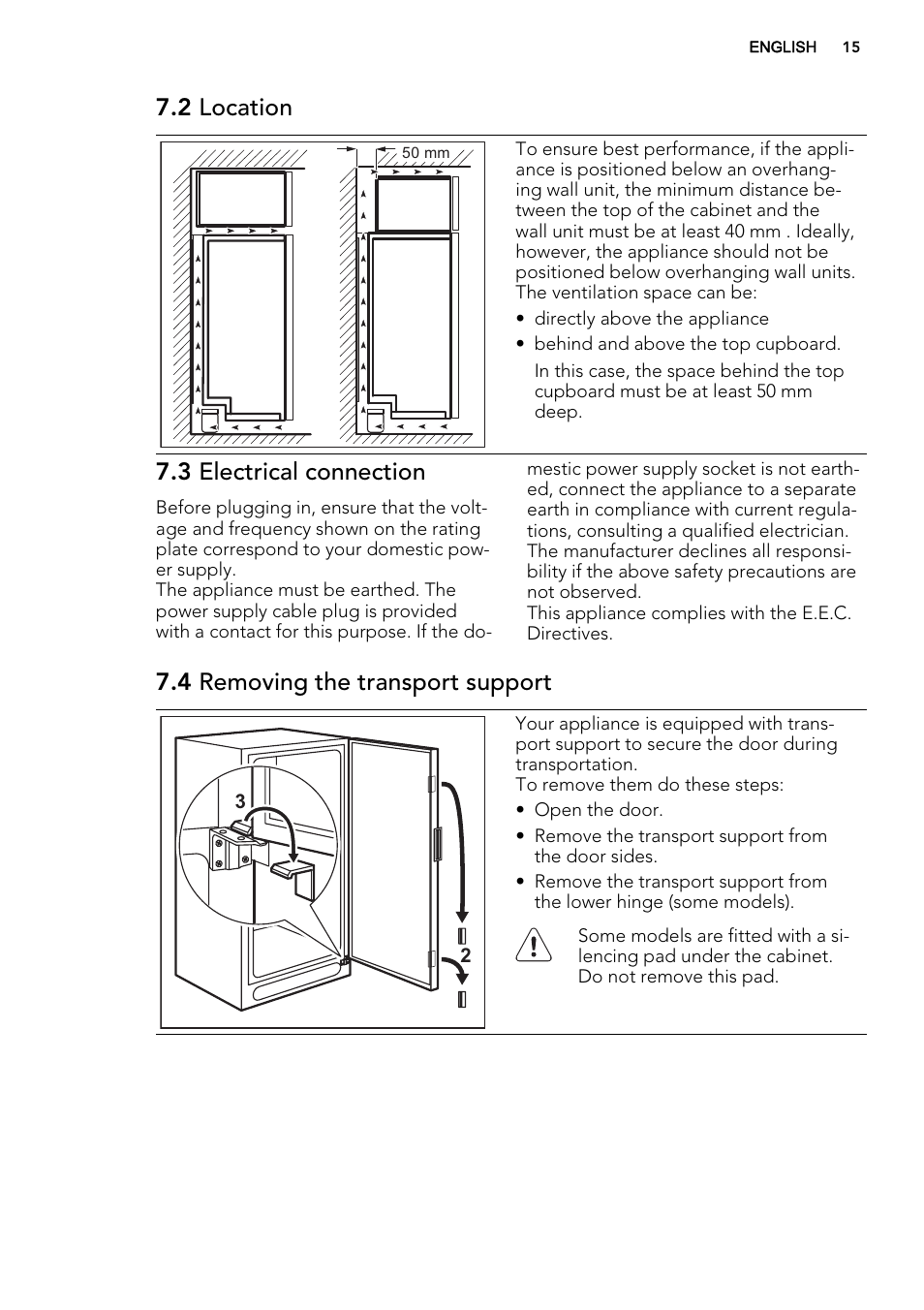 2 location, 3 electrical connection, 4 removing the transport support | AEG S74010KDX0 User Manual | Page 15 / 64