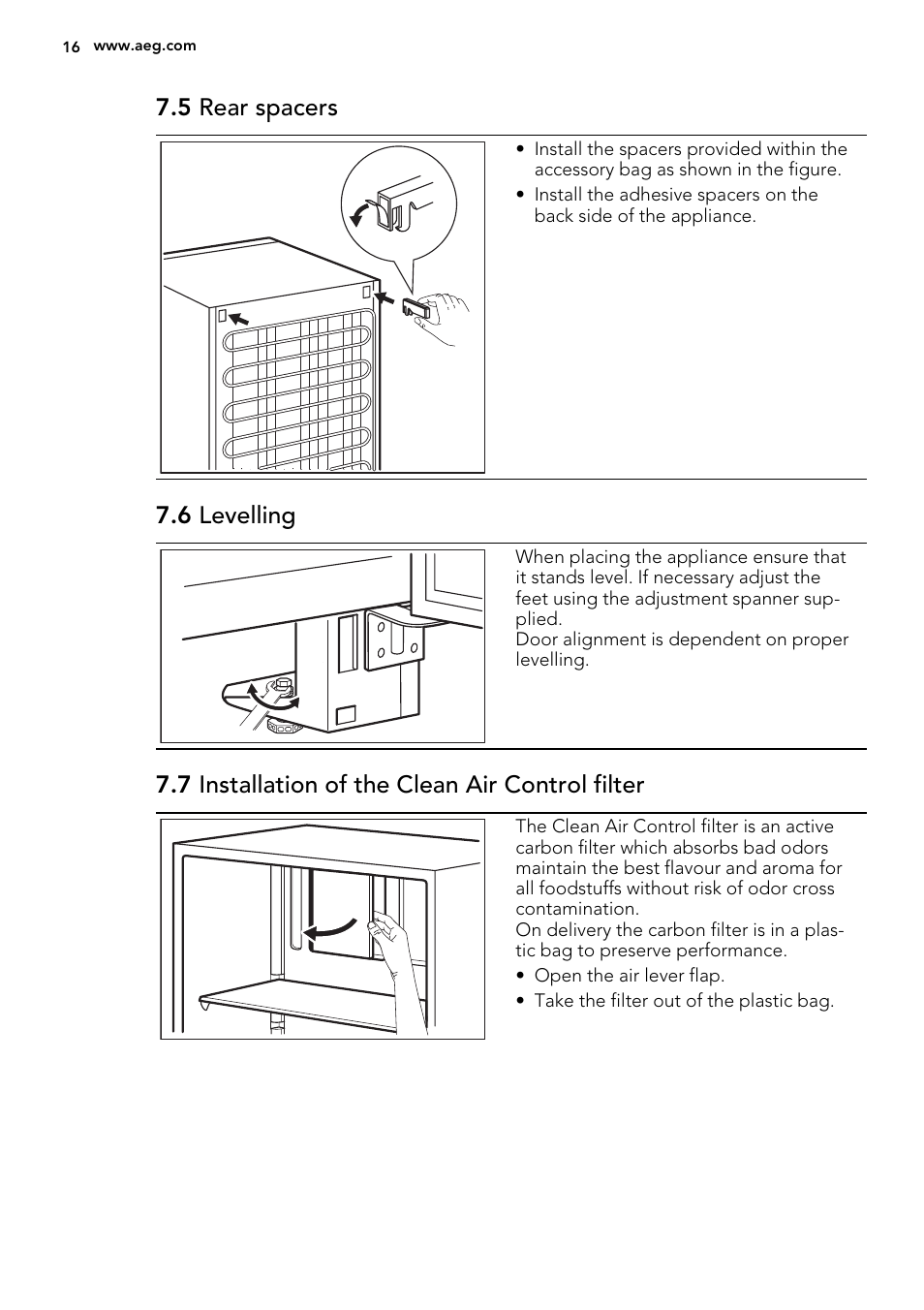 5 rear spacers, 6 levelling, 7 installation of the clean air control filter | AEG S74010KDX0 User Manual | Page 16 / 64