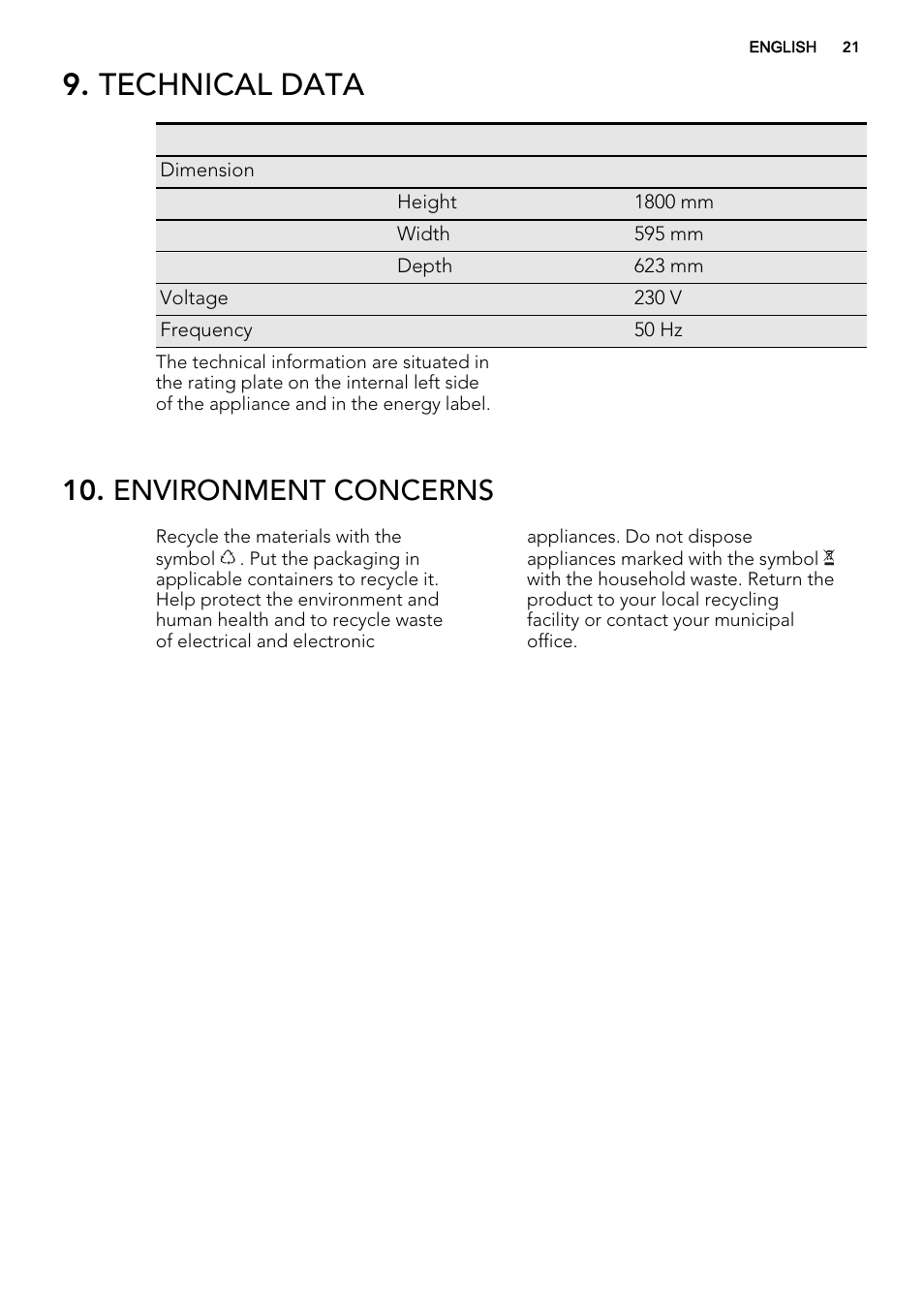 Technical data, Environment concerns | AEG S74010KDX0 User Manual | Page 21 / 64