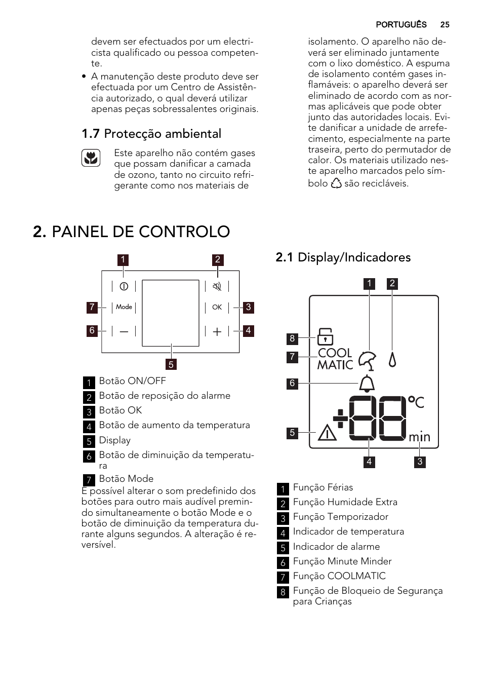 Painel de controlo, 7 protecção ambiental, 1 display/indicadores | AEG S74010KDX0 User Manual | Page 25 / 64