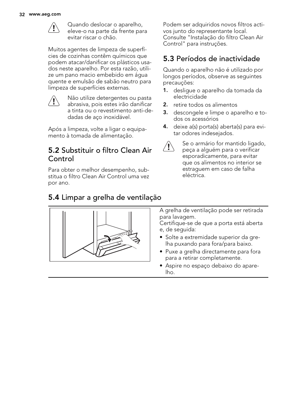 2 substituir o filtro clean air control, 3 períodos de inactividade, 4 limpar a grelha de ventilação | AEG S74010KDX0 User Manual | Page 32 / 64