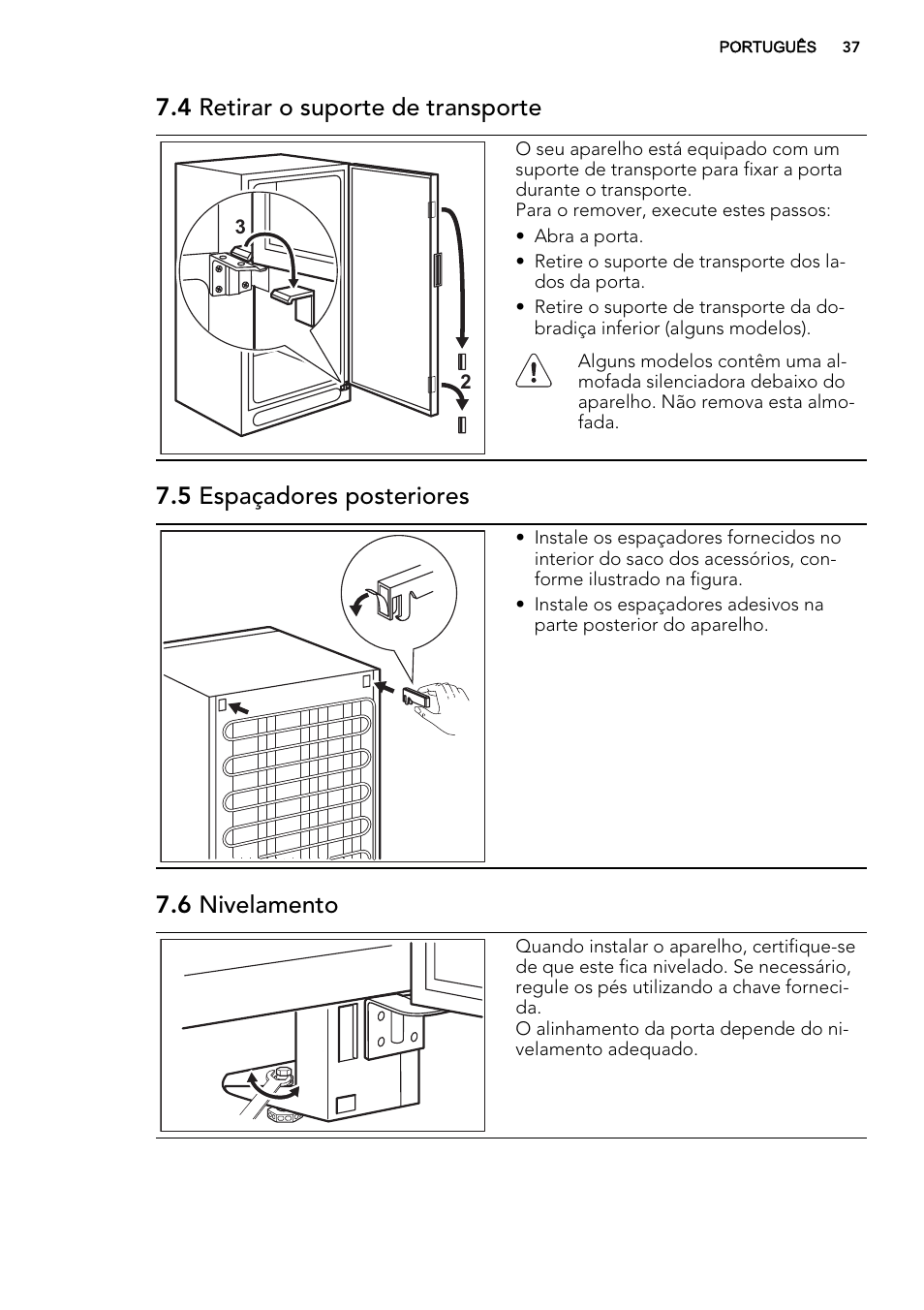4 retirar o suporte de transporte, 5 espaçadores posteriores, 6 nivelamento | AEG S74010KDX0 User Manual | Page 37 / 64