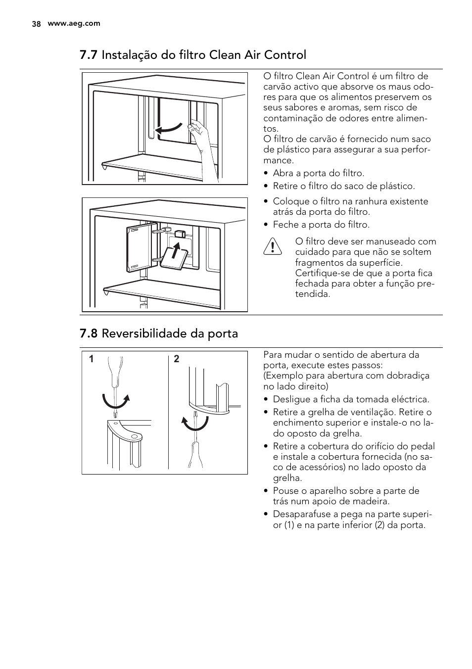 7 instalação do filtro clean air control, 8 reversibilidade da porta | AEG S74010KDX0 User Manual | Page 38 / 64