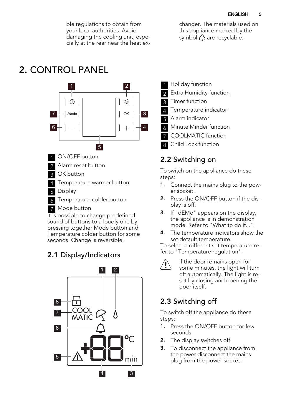 Control panel, 1 display/indicators, 2 switching on | 3 switching off | AEG S74010KDX0 User Manual | Page 5 / 64