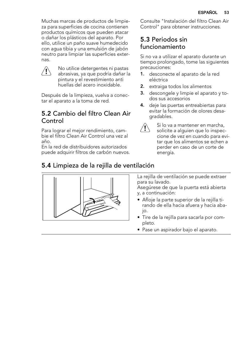 2 cambio del filtro clean air control, 3 periodos sin funcionamiento, 4 limpieza de la rejilla de ventilación | AEG S74010KDX0 User Manual | Page 53 / 64