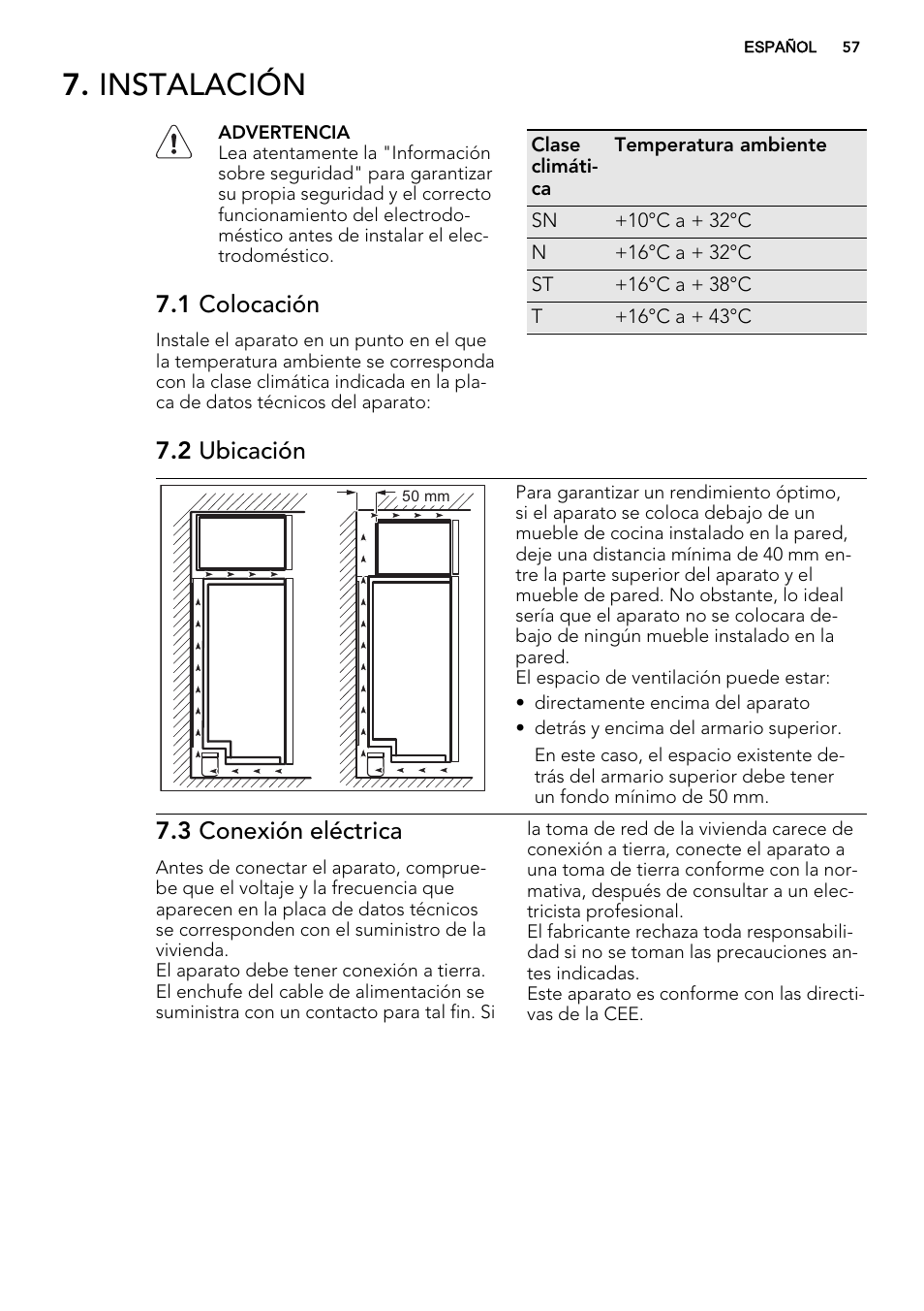 Instalación, 1 colocación, 2 ubicación | 3 conexión eléctrica | AEG S74010KDX0 User Manual | Page 57 / 64