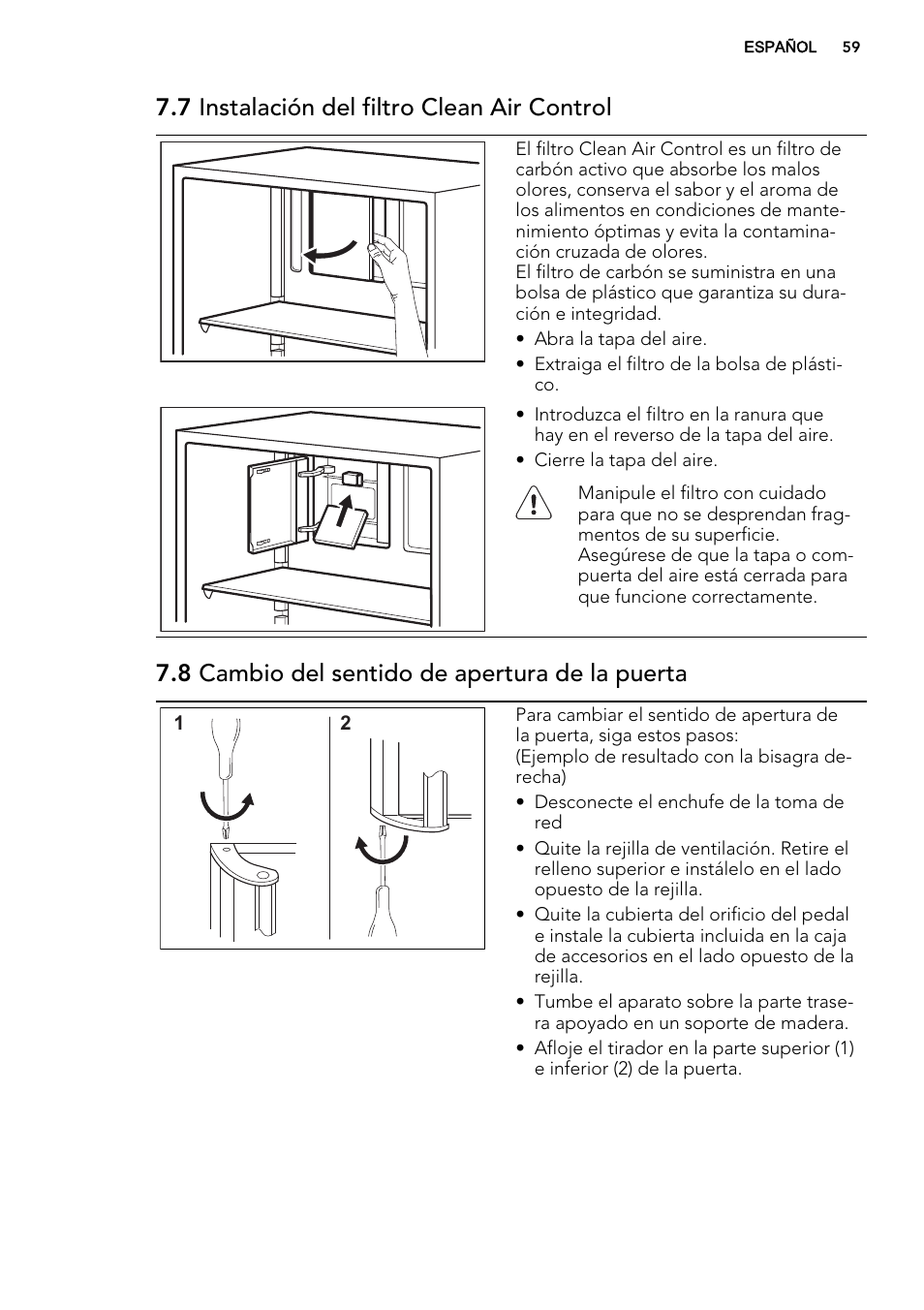7 instalación del filtro clean air control, 8 cambio del sentido de apertura de la puerta | AEG S74010KDX0 User Manual | Page 59 / 64