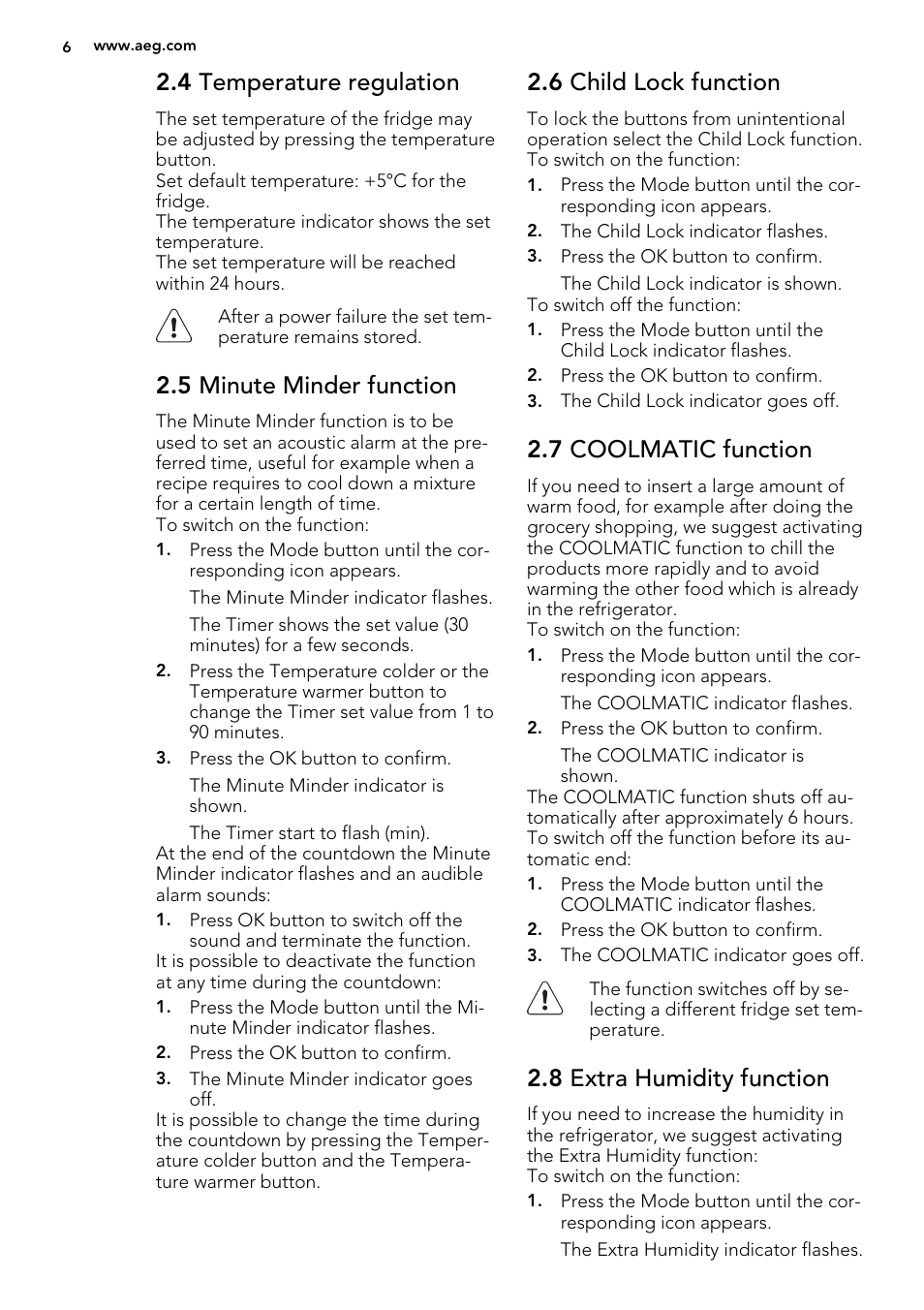 4 temperature regulation, 5 minute minder function, 6 child lock function | 7 coolmatic function, 8 extra humidity function | AEG S74010KDX0 User Manual | Page 6 / 64