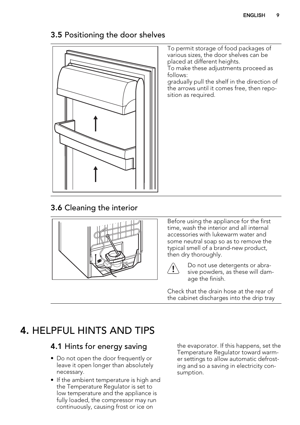 Helpful hints and tips, 5 positioning the door shelves, 6 cleaning the interior | 1 hints for energy saving | AEG S74010KDX0 User Manual | Page 9 / 64