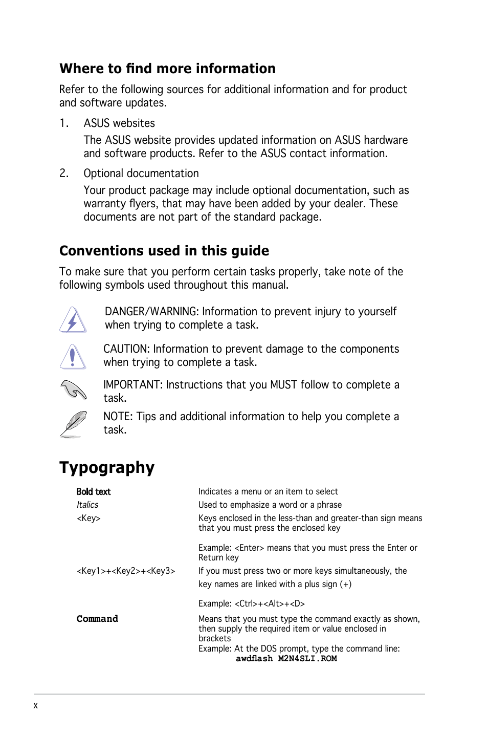 Typography, Conventions used in this guide, Where to find more information | Asus M2N4-SLI User Manual | Page 10 / 138