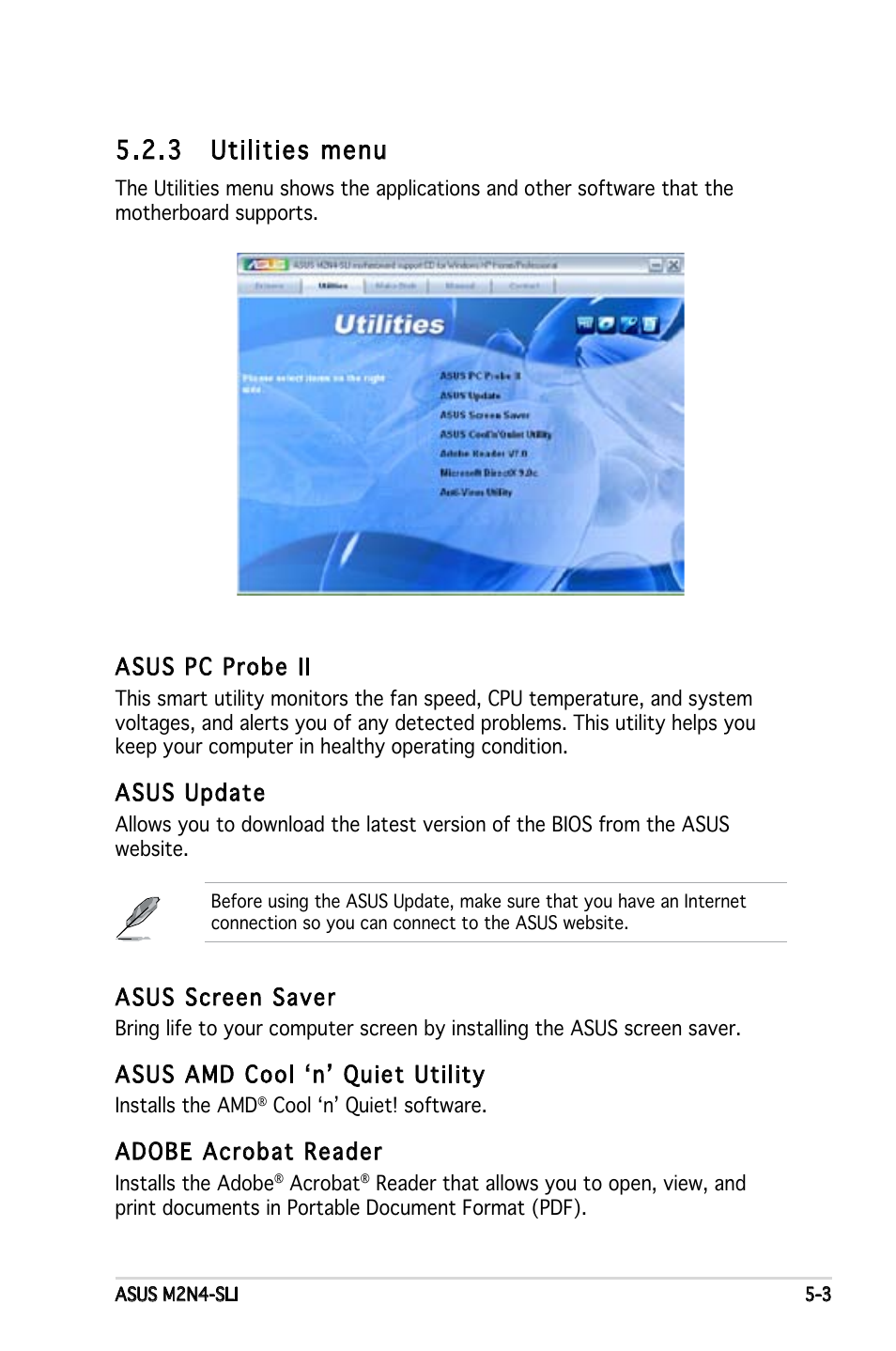 3 utilities menu, Asus pc probe ii, Asus update | Asus screen saver, Asus amd cool ‘n’ quiet utility, Adobe acrobat reader | Asus M2N4-SLI User Manual | Page 107 / 138