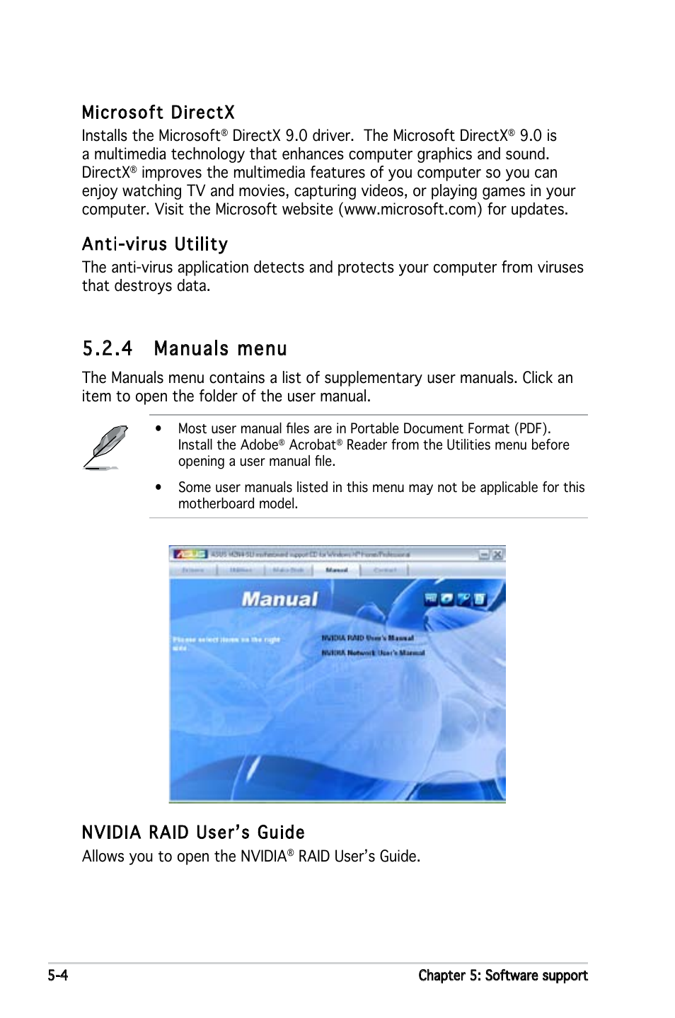 4 manuals menu, Nvidia raid user’s guide, Microsoft directx | Anti-virus utility | Asus M2N4-SLI User Manual | Page 108 / 138