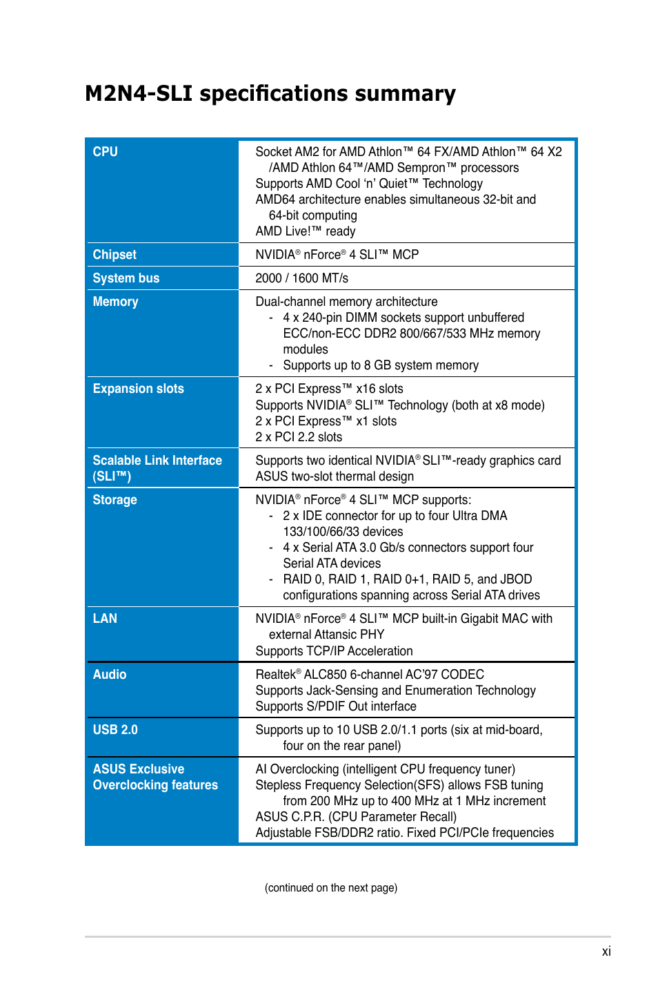 M2n4-sli specifications summary | Asus M2N4-SLI User Manual | Page 11 / 138