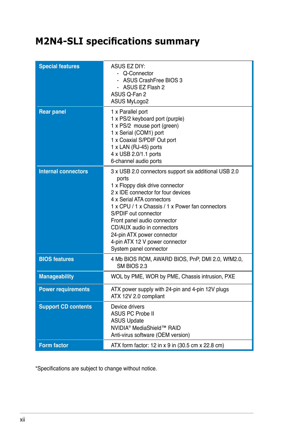 M2n4-sli specifications summary | Asus M2N4-SLI User Manual | Page 12 / 138