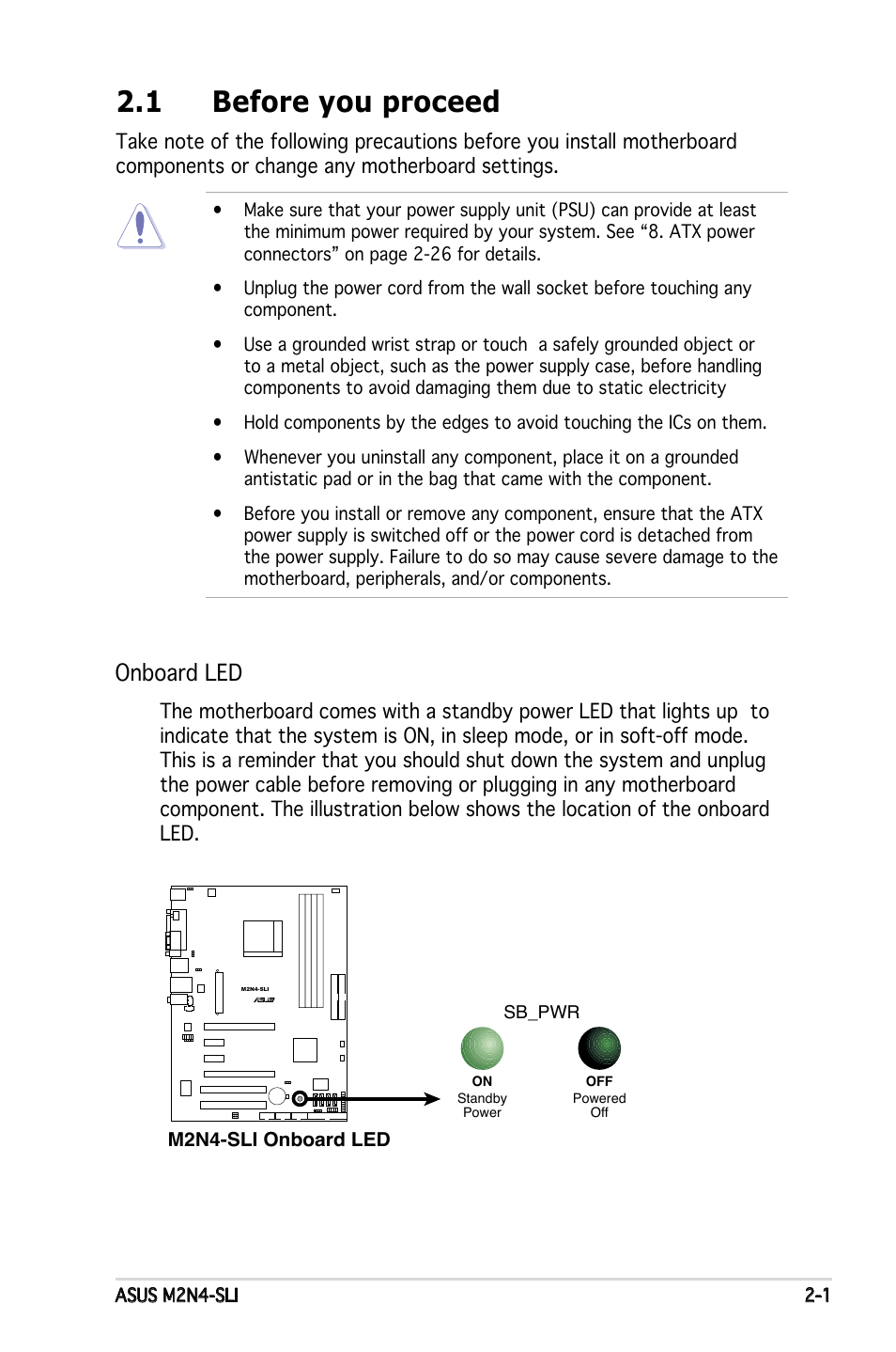 1 before you proceed, Onboard led | Asus M2N4-SLI User Manual | Page 21 / 138