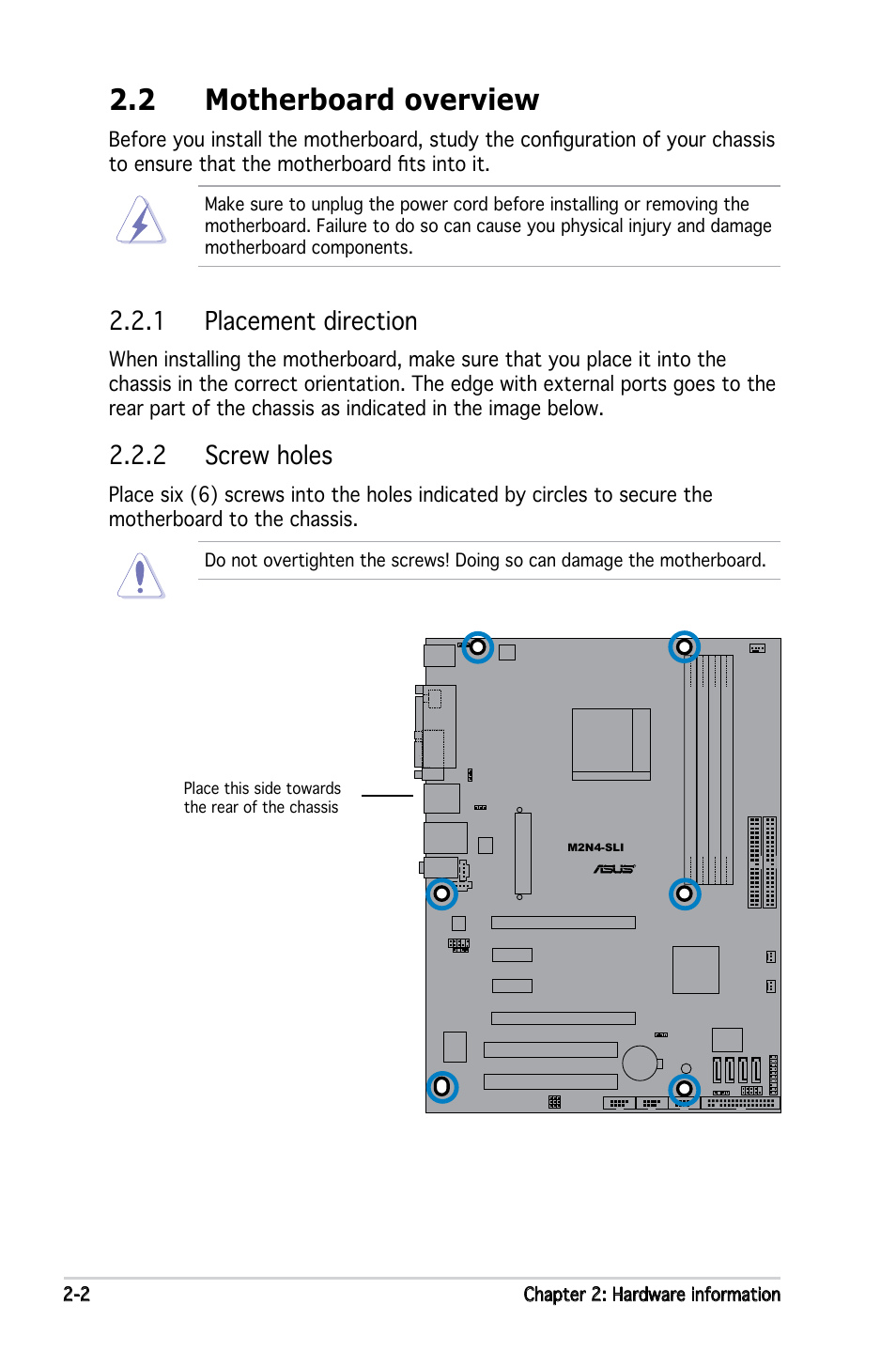 2 motherboard overview, 1 placement direction, 2 screw holes | Asus M2N4-SLI User Manual | Page 22 / 138