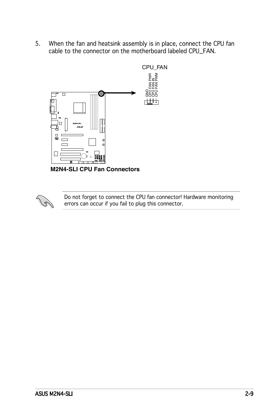 M2n4-sli cpu fan connectors, Asus m2n4-sli 2-9, Cpu_fan | Asus M2N4-SLI User Manual | Page 29 / 138