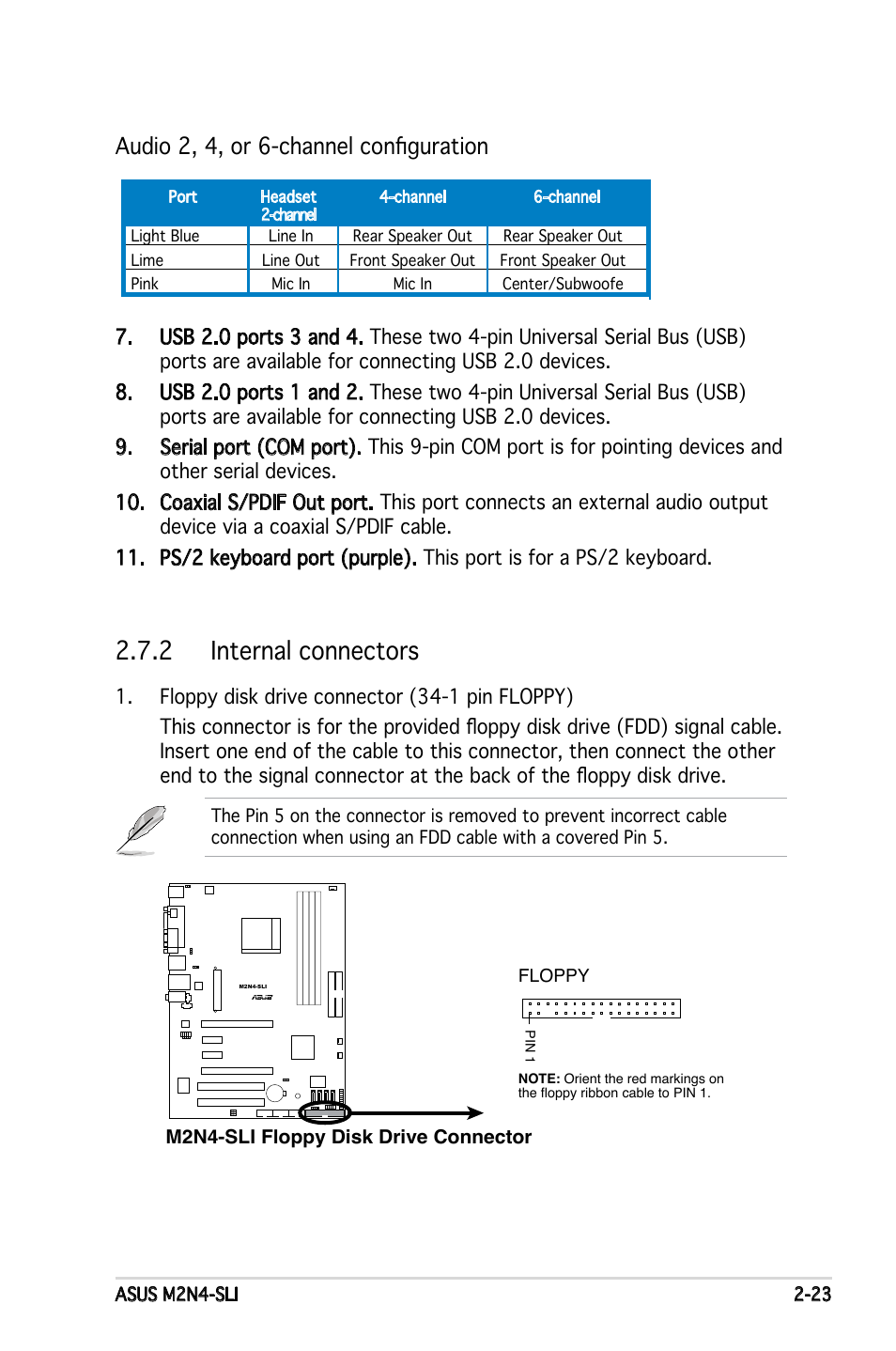 2 internal connectors, Audio 2, 4, or 6-channel configuration | Asus M2N4-SLI User Manual | Page 43 / 138