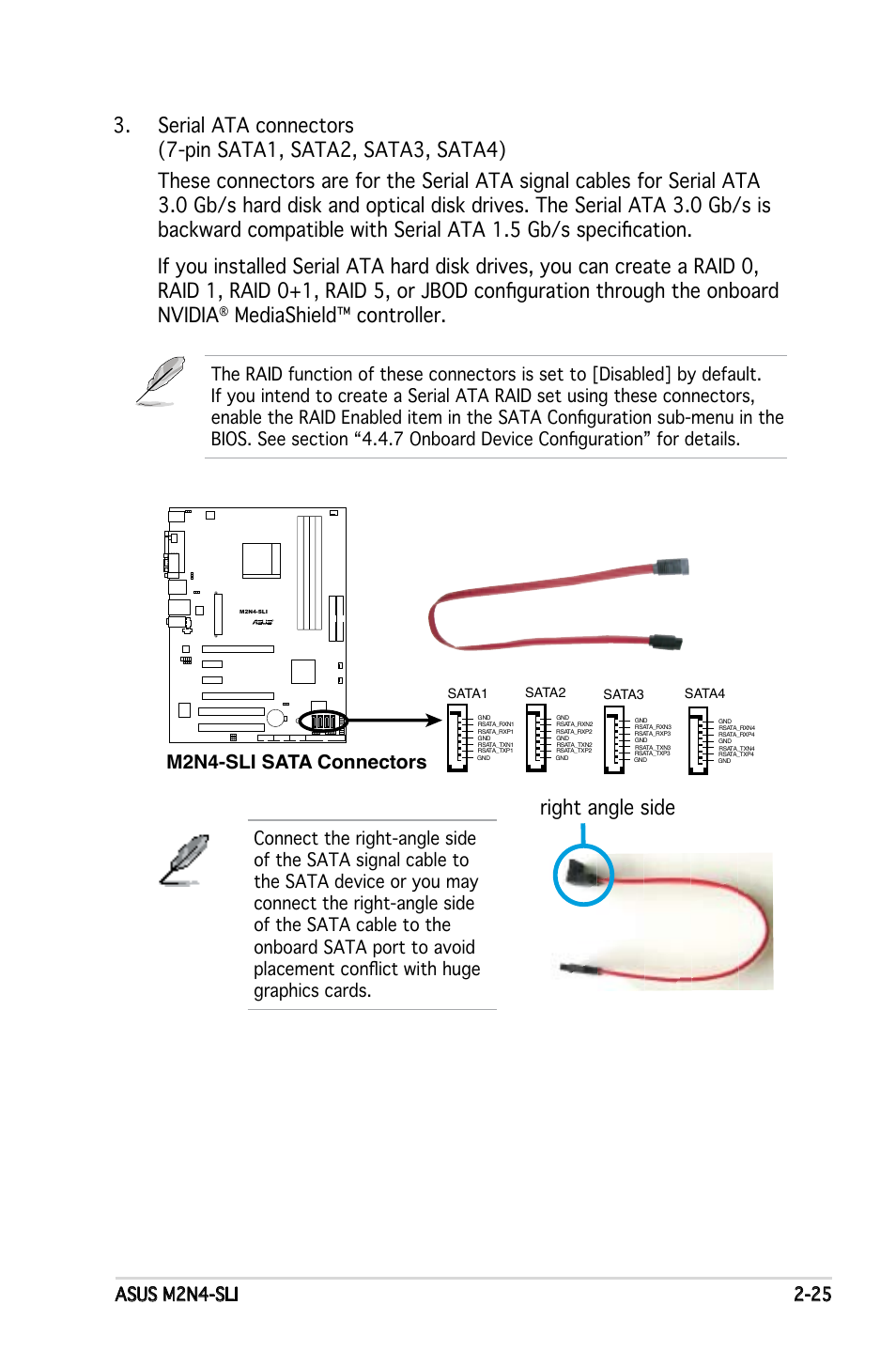 Mediashield™ controller, Right angle side, M2n4-sli sata connectors | Asus M2N4-SLI User Manual | Page 45 / 138