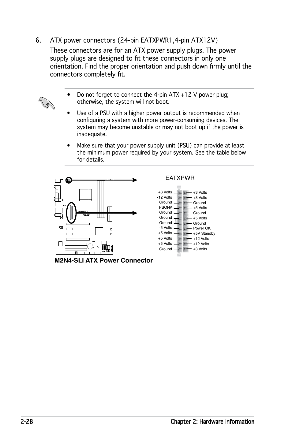 M2n4-sli atx power connector, 28 chapter 2: hardware information, Atx12v | Eatxpwr | Asus M2N4-SLI User Manual | Page 48 / 138