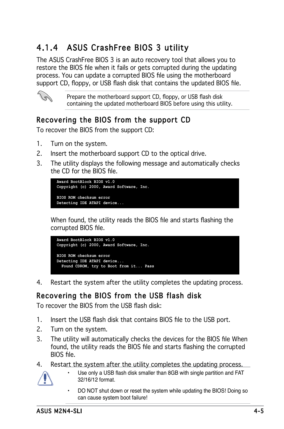 4 asus crashfree bios 3 utility, Recovering the bios from the support cd, Recovering the bios from the usb flash disk | Asus M2N4-SLI User Manual | Page 62 / 138