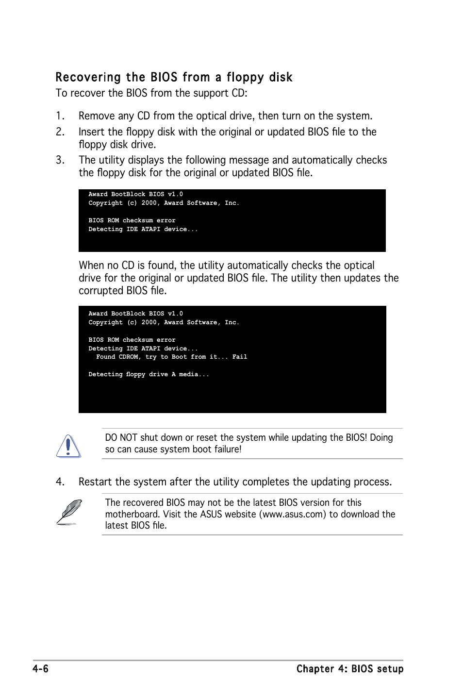 Recovering the bios from a floppy disk | Asus M2N4-SLI User Manual | Page 63 / 138