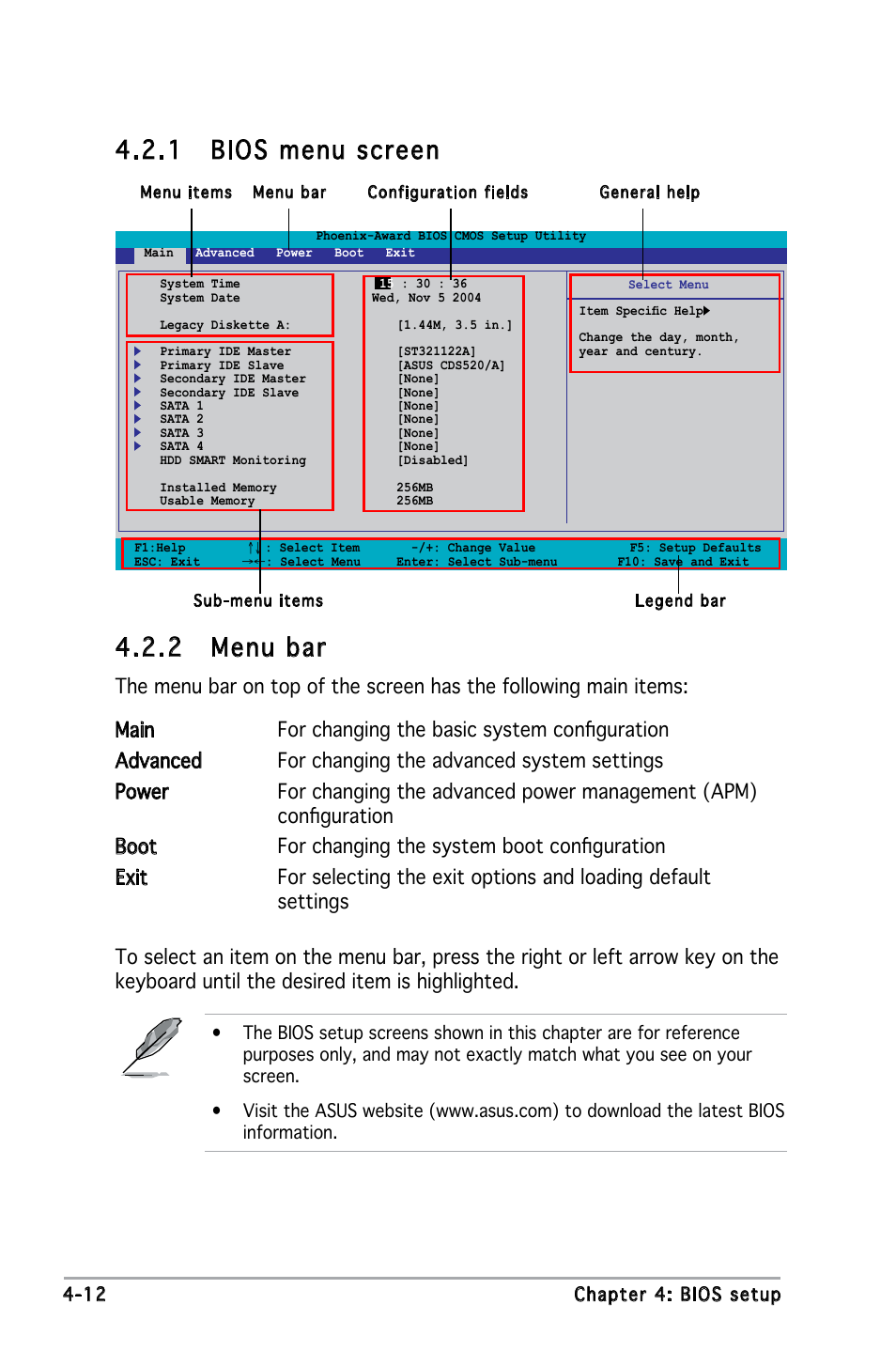 2 menu bar, 1 bios menu screen | Asus M2N4-SLI User Manual | Page 69 / 138