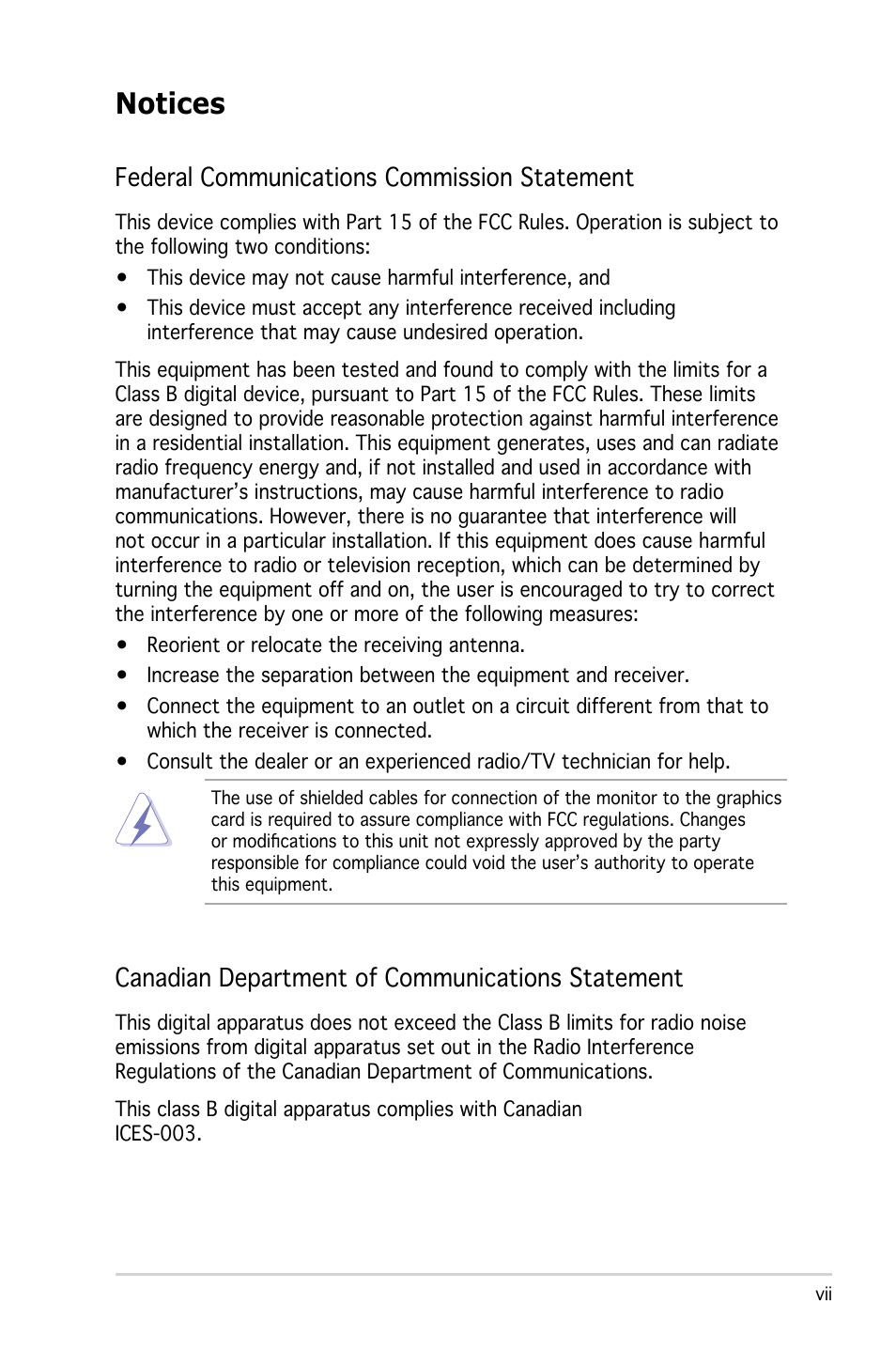Notices, Federal communications commission statement, Canadian department of communications statement | Asus M2N4-SLI User Manual | Page 7 / 138