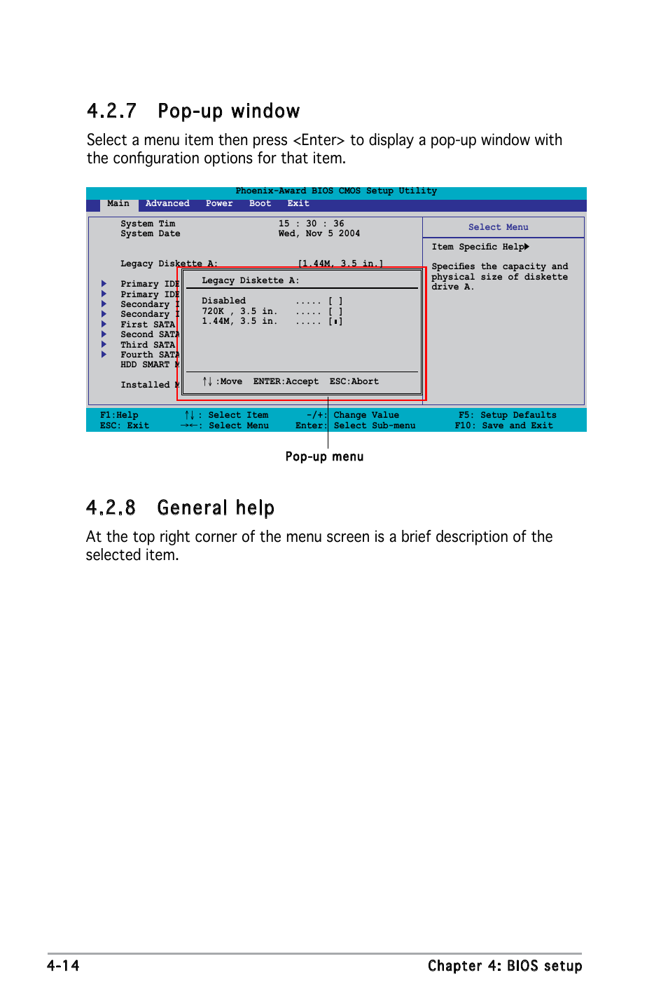 7 pop-up window, 8 general help, 14 chapter 4: bios setup | Asus M2N4-SLI User Manual | Page 71 / 138