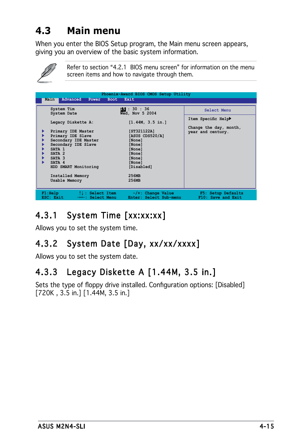 3 main menu, 1 system time [xx:xx:xx, Allows you to set the system time | Allows you to set the system date | Asus M2N4-SLI User Manual | Page 72 / 138