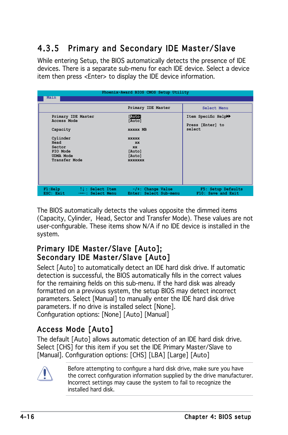 5 primary and secondary ide master/slave, Access mode [auto | Asus M2N4-SLI User Manual | Page 73 / 138