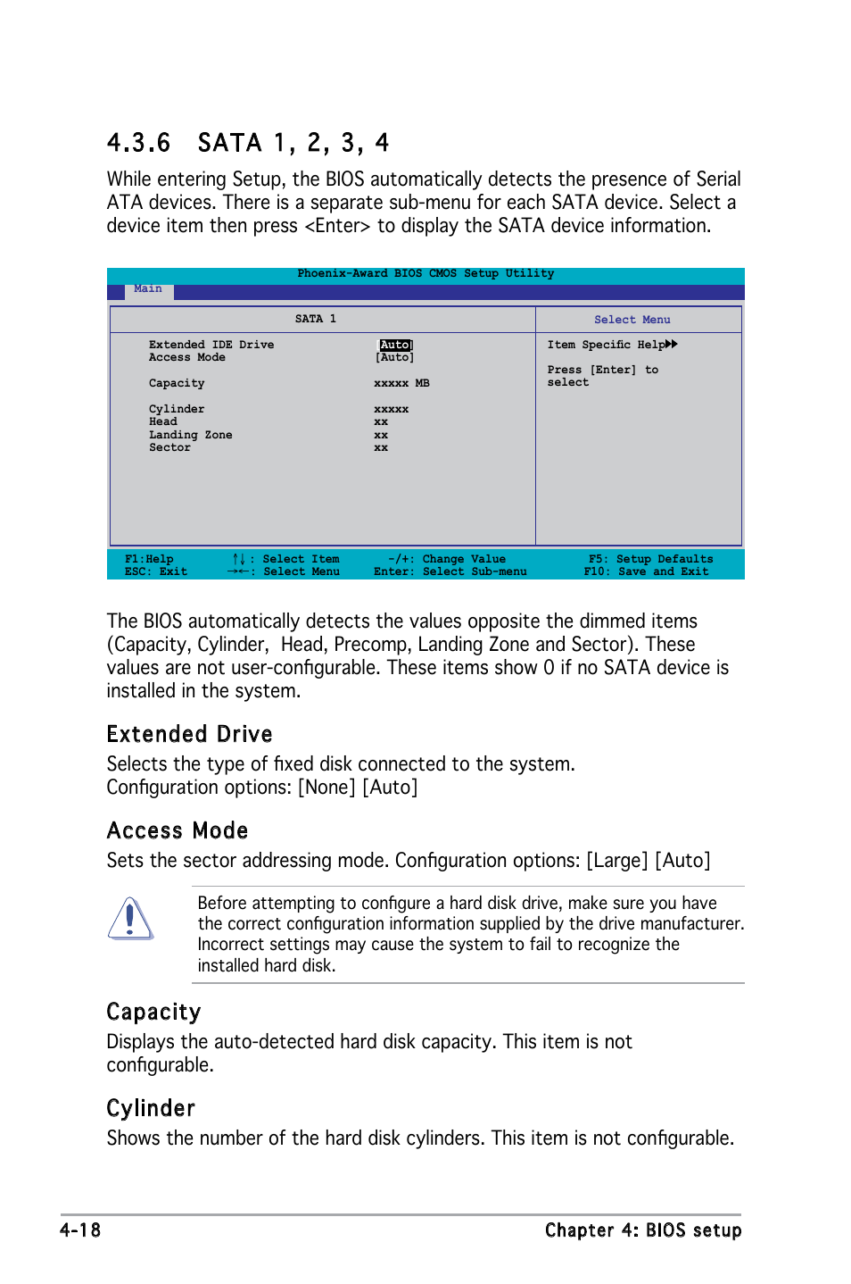 Extended drive, Access mode, Capacity | Cylinder | Asus M2N4-SLI User Manual | Page 75 / 138