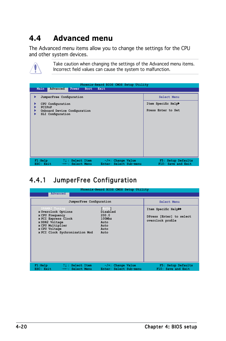 4 advanced menu, 1 jumperfree configuration, 20 chapter 4: bios setup | Asus M2N4-SLI User Manual | Page 77 / 138