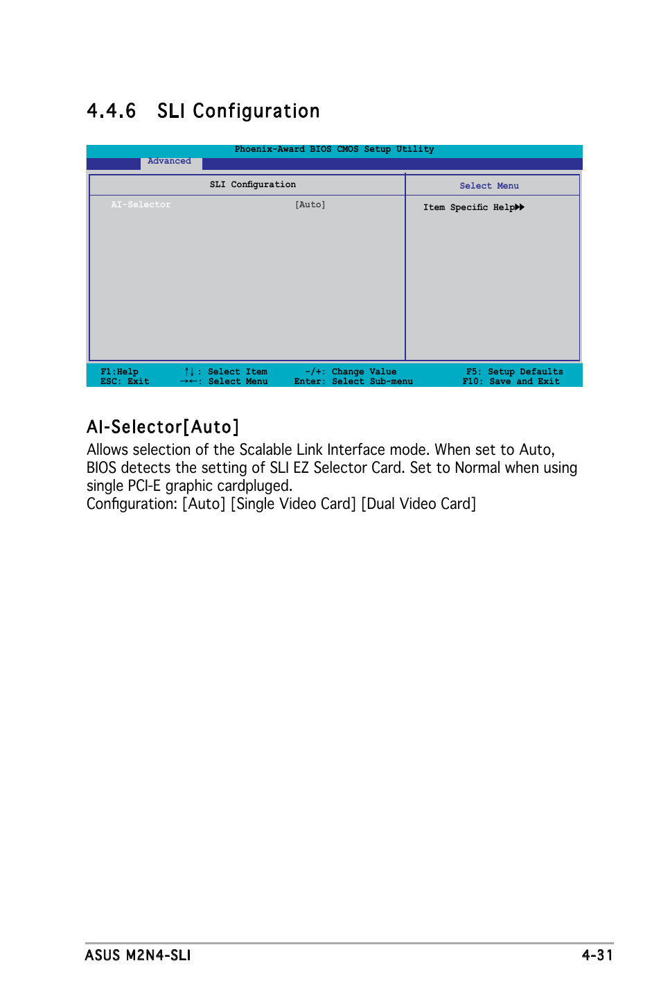 6 sli configuration, Ai-selector[auto | Asus M2N4-SLI User Manual | Page 88 / 138