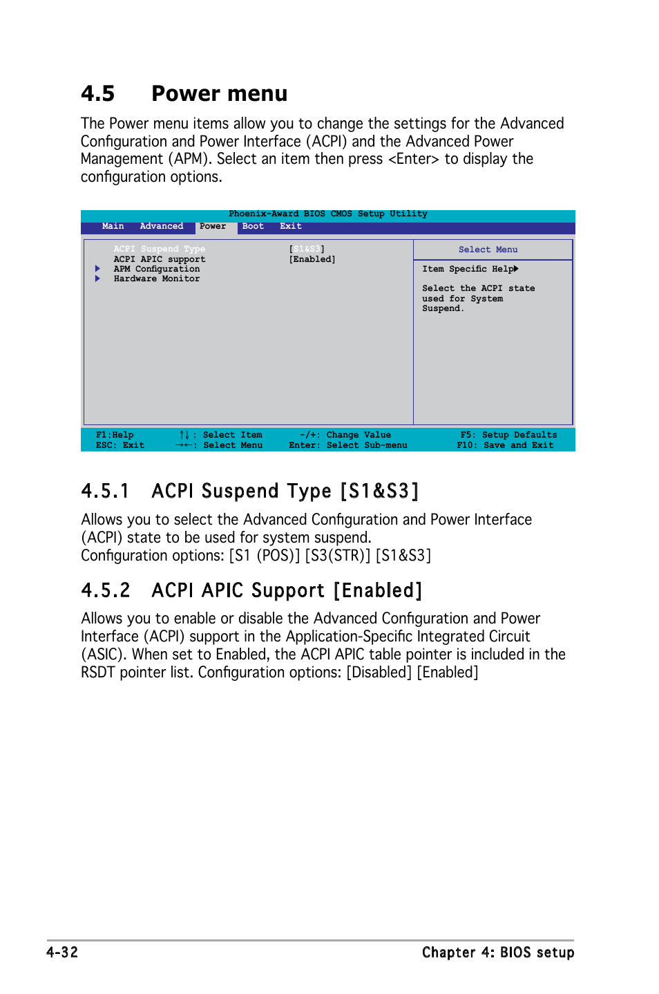 5 power menu, 1 acpi suspend type [s1&s3, 2 acpi apic support [enabled | Asus M2N4-SLI User Manual | Page 89 / 138