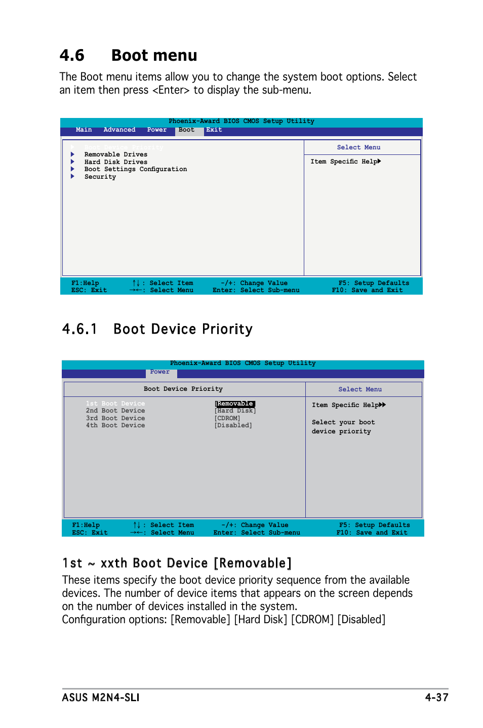 6 boot menu, 1 boot device priority, 1st ~ xxth boot device [removable | Asus M2N4-SLI User Manual | Page 94 / 138