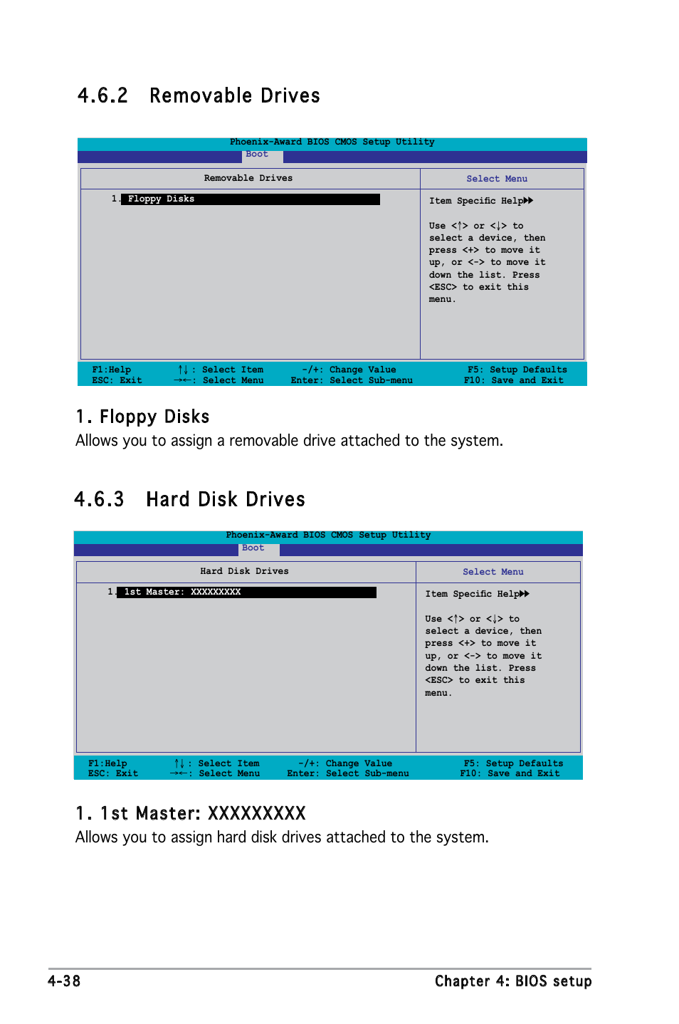 2 removable drives, 3 hard disk drives, Floppy disks | 38 chapter 4: bios setup | Asus M2N4-SLI User Manual | Page 95 / 138