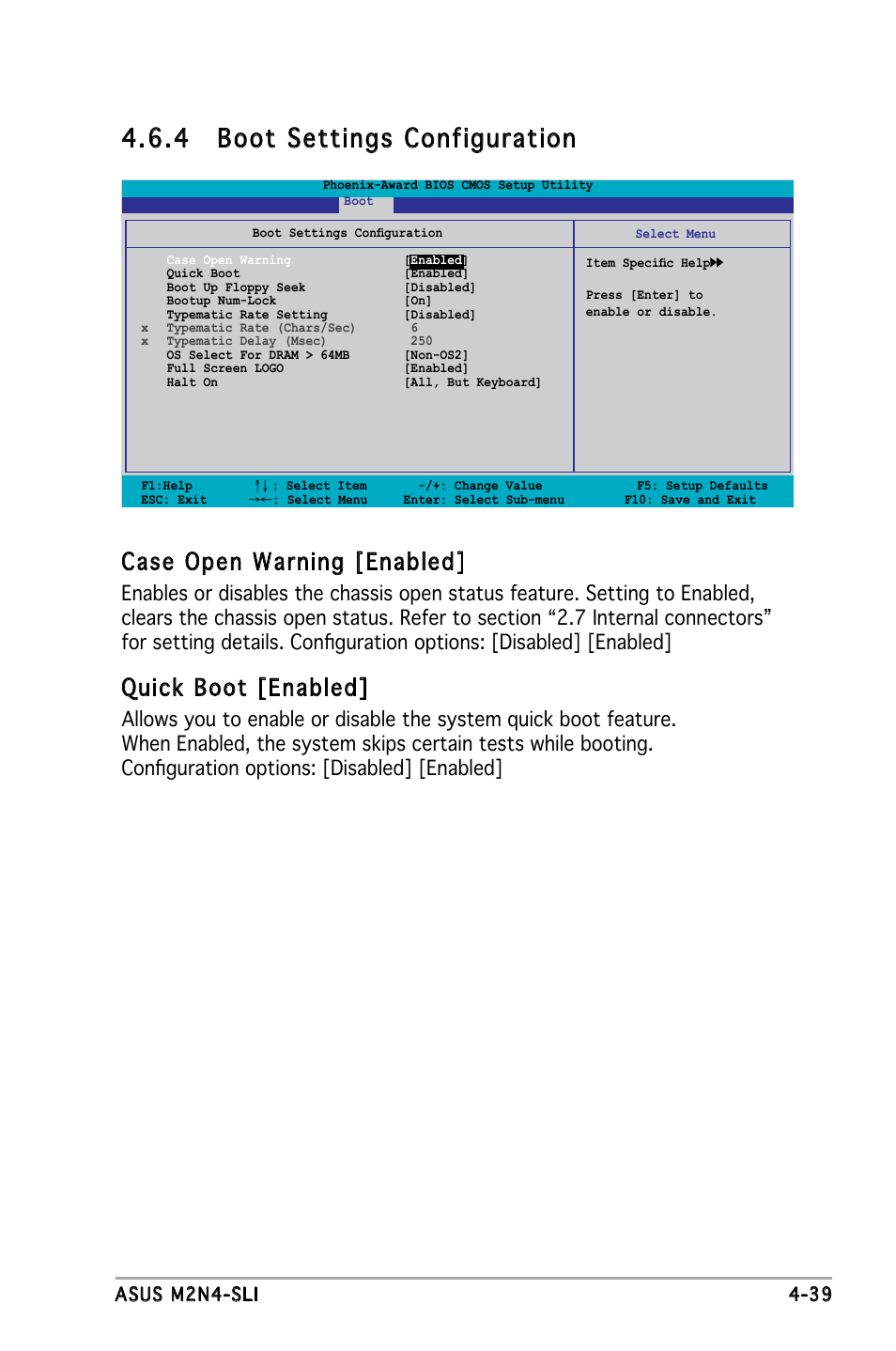 4 boot settings configuration, Case open warning [enabled, Quick boot [enabled | Asus M2N4-SLI User Manual | Page 96 / 138