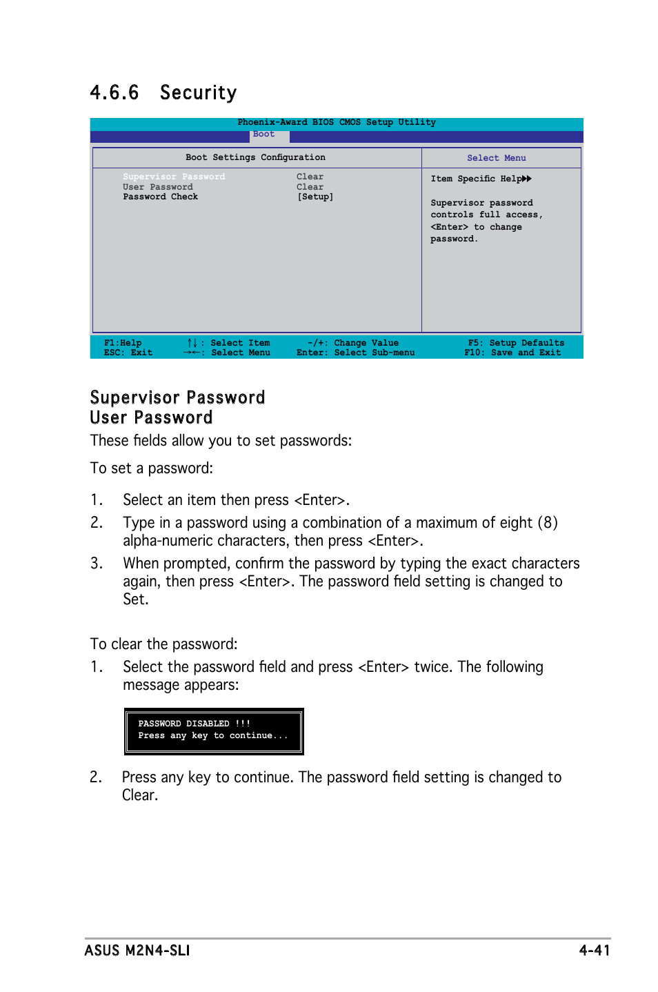 6 security, Supervisor password user password | Asus M2N4-SLI User Manual | Page 98 / 138