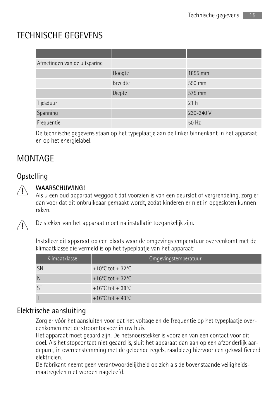 Technische gegevens, Montage, Opstelling | Elektrische aansluiting | AEG S94400CTX0 User Manual | Page 15 / 104