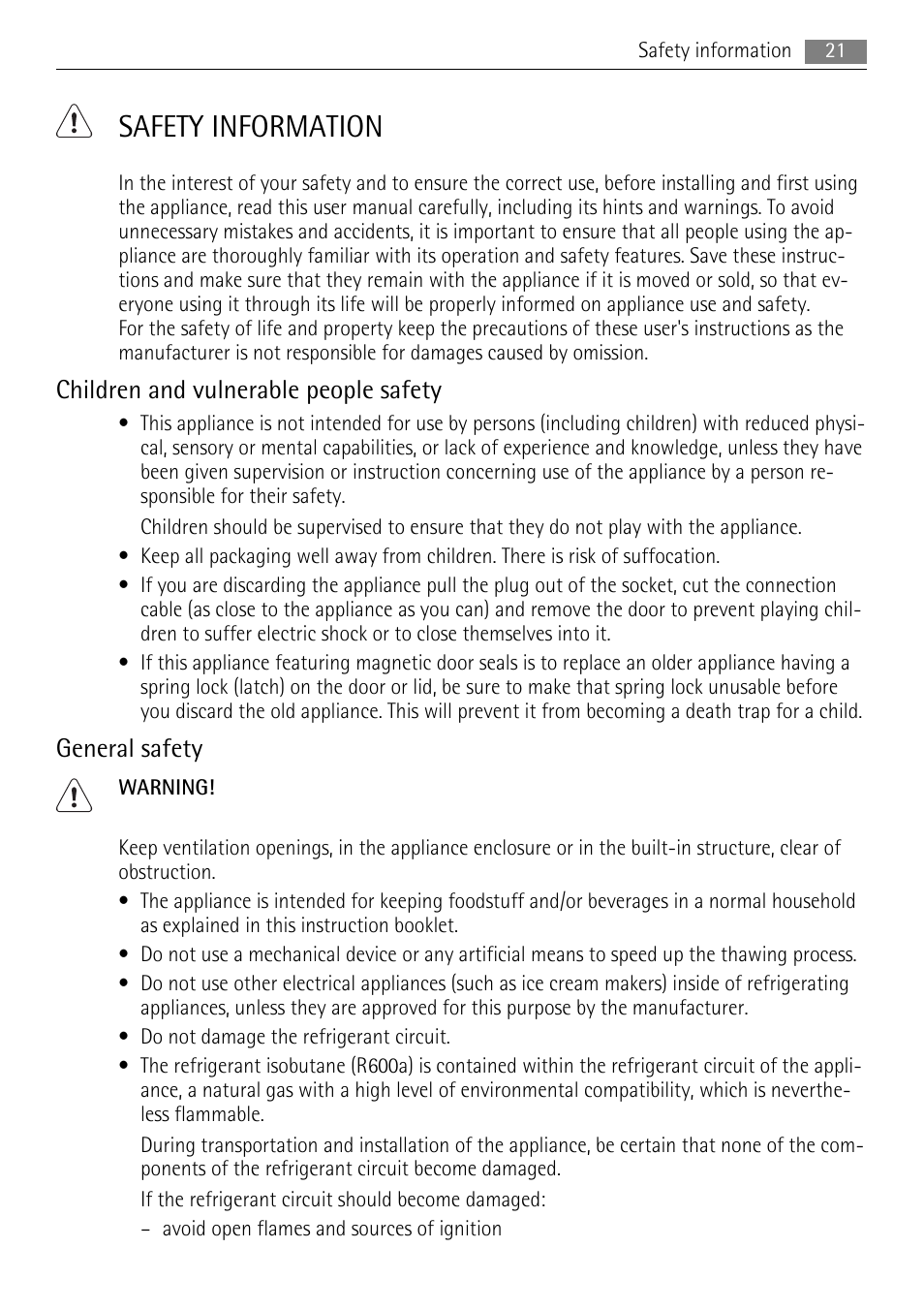 Safety information, Children and vulnerable people safety, General safety | AEG S94400CTX0 User Manual | Page 21 / 104