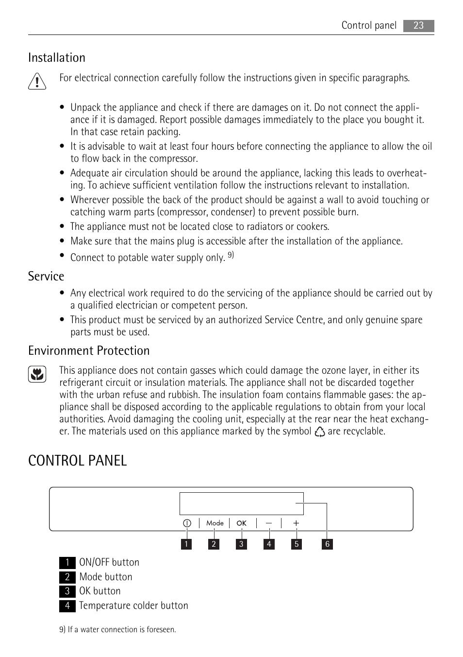 Control panel, Installation, Service | Environment protection | AEG S94400CTX0 User Manual | Page 23 / 104