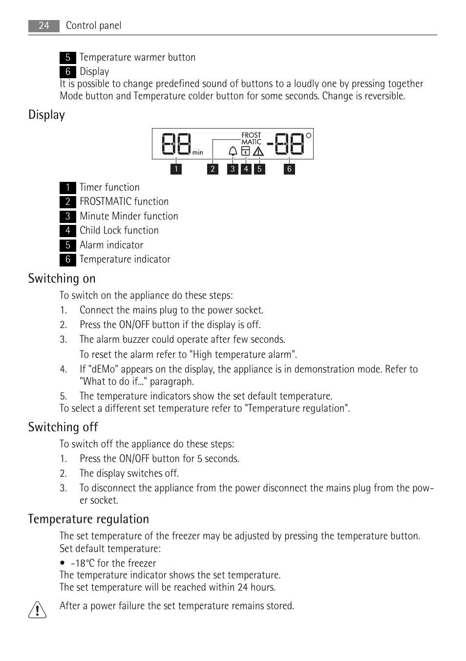 Display, Switching on, Switching off | Temperature regulation | AEG S94400CTX0 User Manual | Page 24 / 104