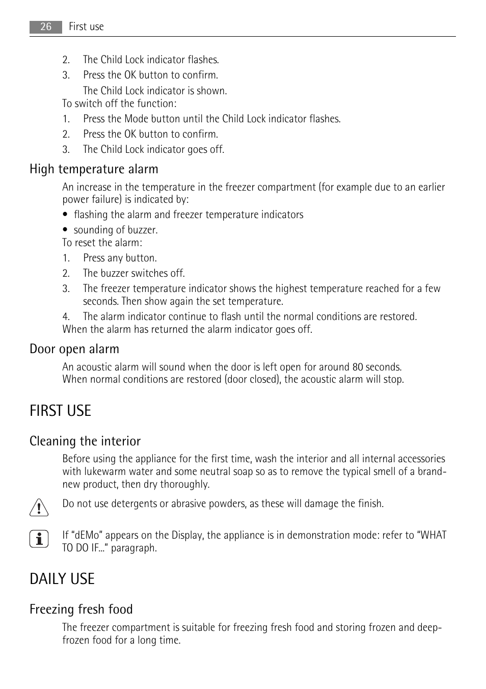 First use, Daily use, High temperature alarm | Door open alarm, Cleaning the interior, Freezing fresh food | AEG S94400CTX0 User Manual | Page 26 / 104