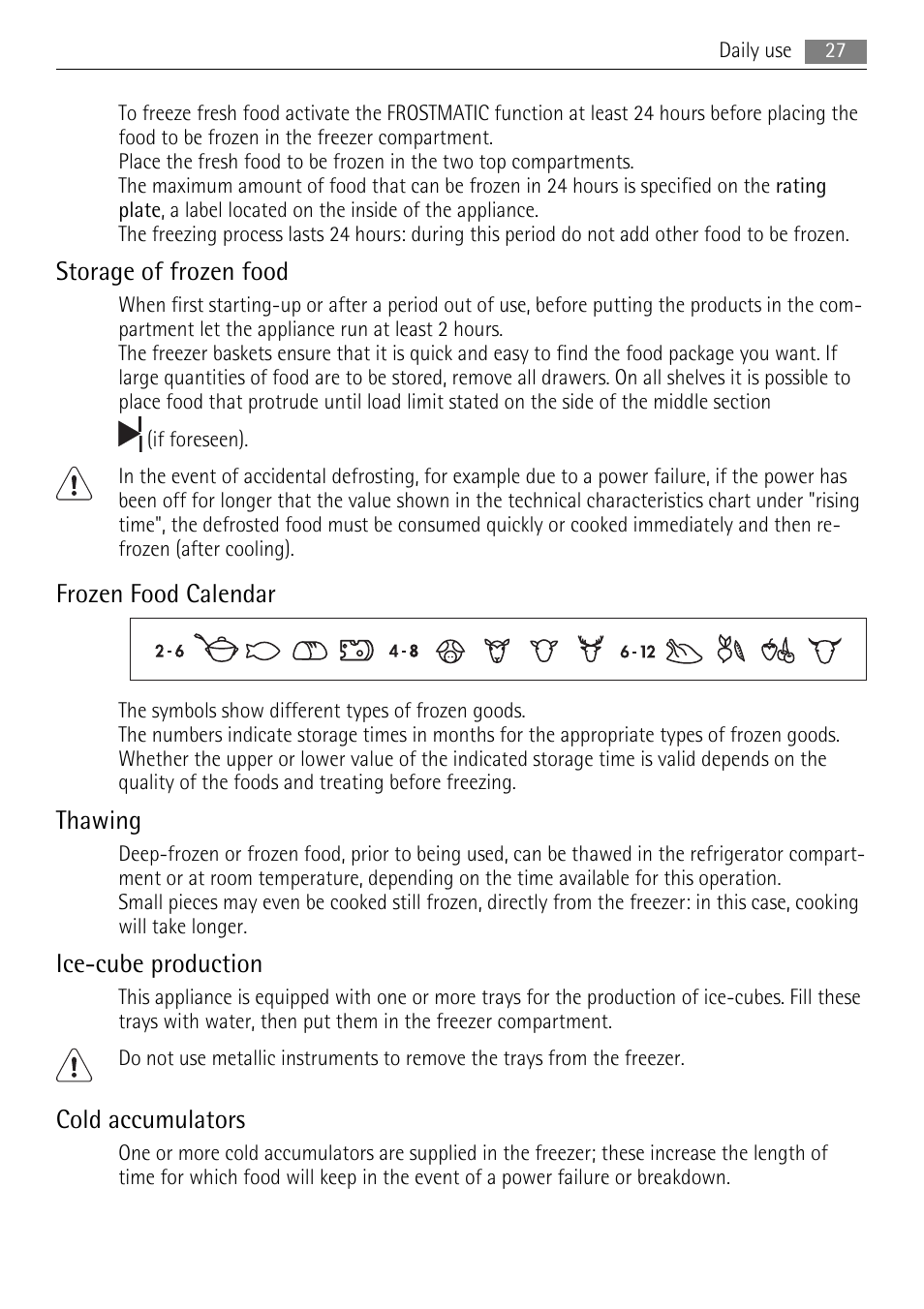 Storage of frozen food, Frozen food calendar, Thawing | Ice-cube production, Cold accumulators | AEG S94400CTX0 User Manual | Page 27 / 104