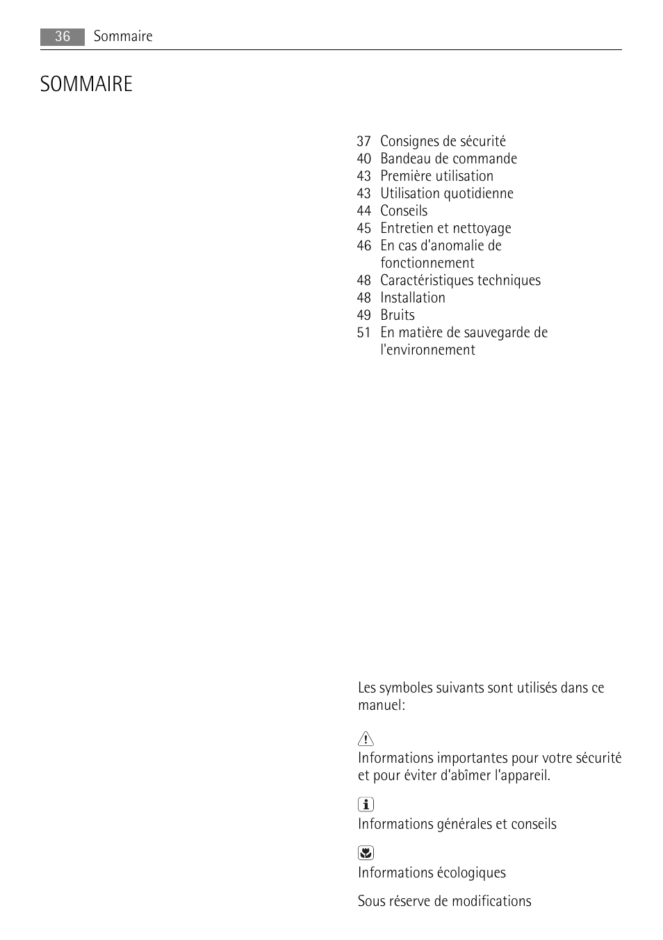 Sommaire | AEG S94400CTX0 User Manual | Page 36 / 104