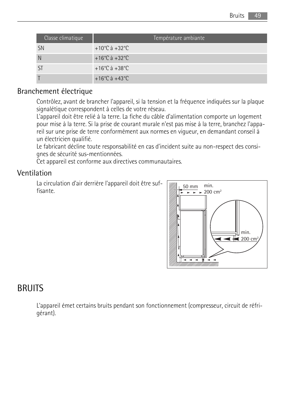 Bruits, Branchement électrique, Ventilation | AEG S94400CTX0 User Manual | Page 49 / 104