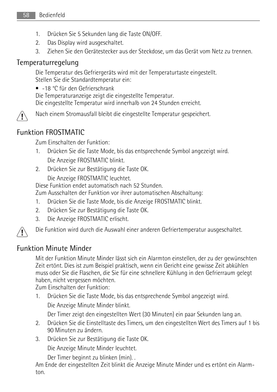 Temperaturregelung, Funktion frostmatic, Funktion minute minder | AEG S94400CTX0 User Manual | Page 58 / 104