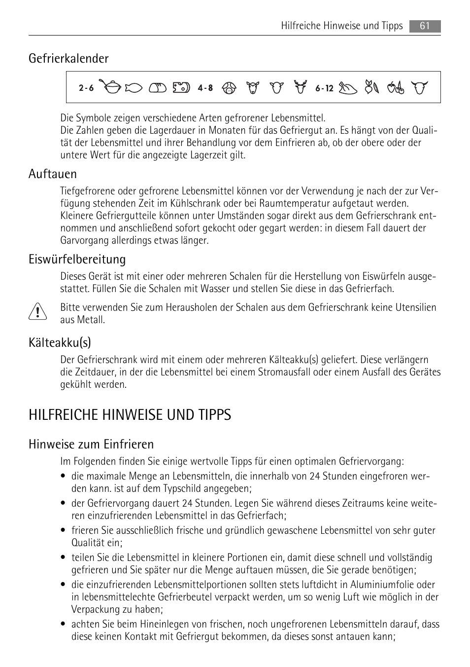 Hilfreiche hinweise und tipps, Gefrierkalender, Auftauen | Eiswürfelbereitung, Kälteakku(s), Hinweise zum einfrieren | AEG S94400CTX0 User Manual | Page 61 / 104